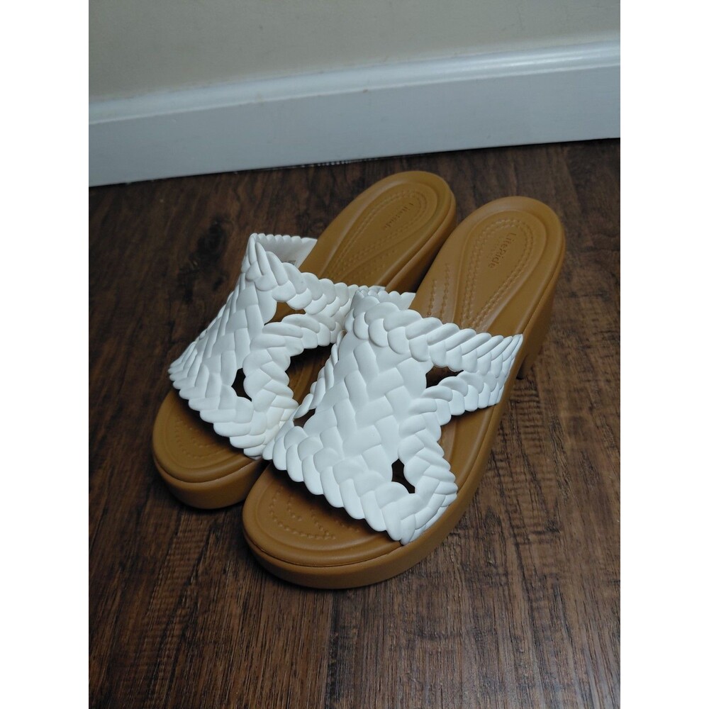 Crocs Women BROOKLYN WOVEN SLIDE HEEL Tan White Sandals Womens Size 8 - Picture 2 of 10